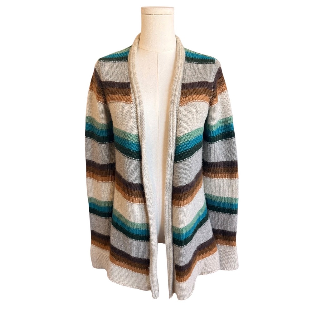 Vince 100% Cashmere Striped Open Front Cardigan Sweater Grey Brown Teal Small